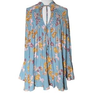 Free People Blue Pebble Crepe So Fine Boho Blouse Size Small